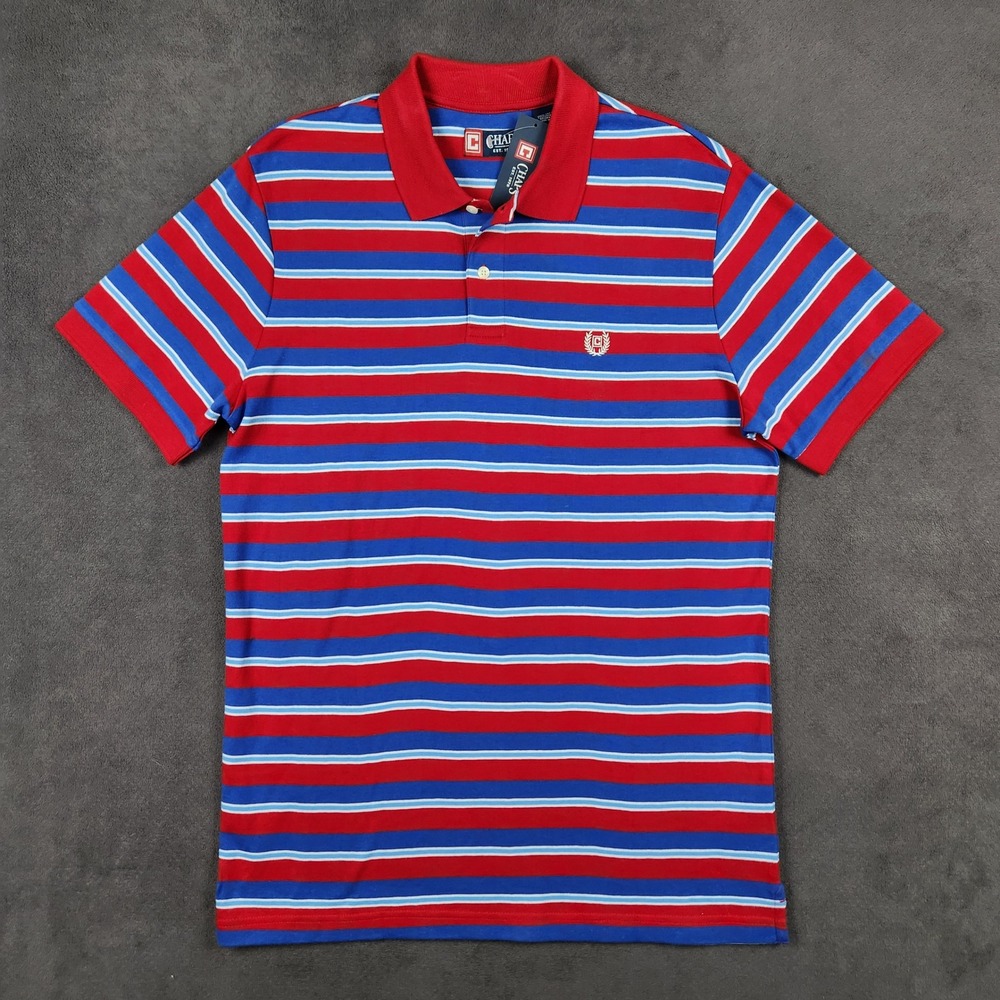 Chaps Polo Shirt Mens Medium Red Blue Striped Short Sleeve Cotton 12903R NEW